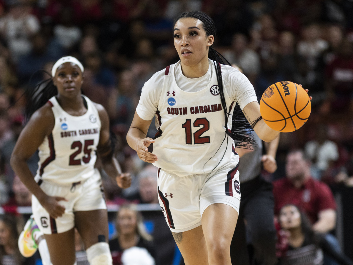 South Carolina’s Brea Beal brings the ball upcourt against Maryland in the Elite Eight of the NCAA women’s tournament.